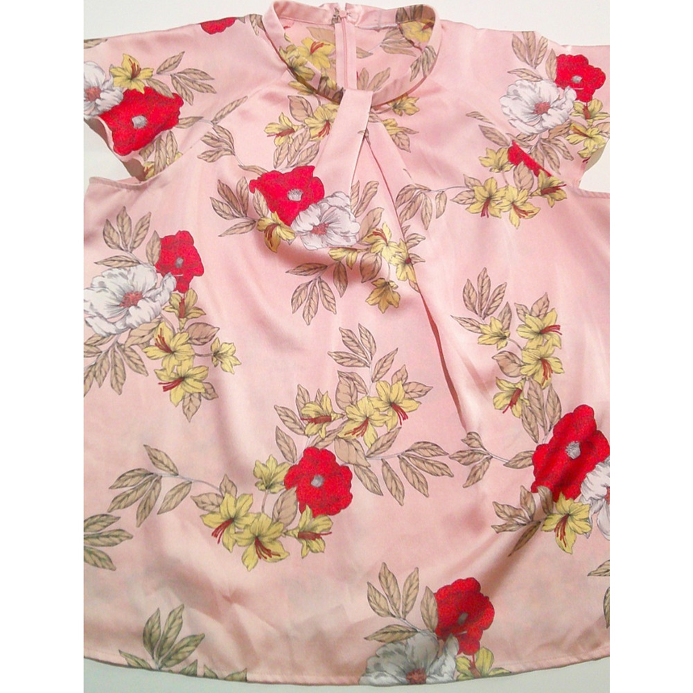 Pink Floral Blouse Short Sleeve Blouse Women's L/XL - Picture 2 of 6